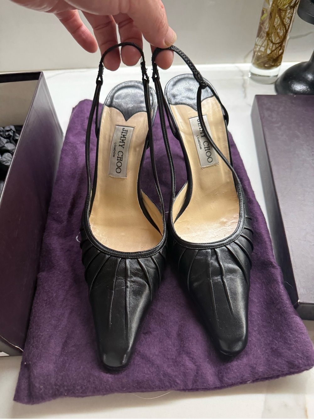 Jimmy Choo Black Leather Pleated Slingback Pumps